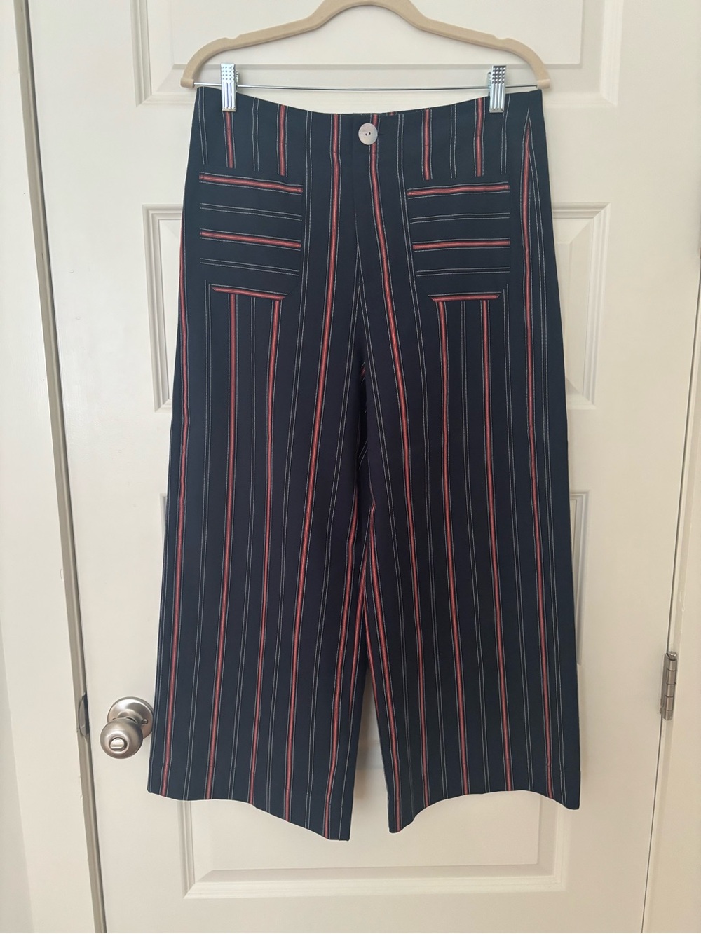 Karen Kane Navy Pinstripe Trousers with Red and White Stripes